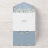 Stofblauwe bloemenslingerlichten QR-code bruiloft All In One Uitnodiging (Buitenkant)