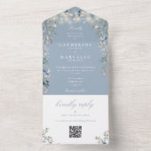 Stofblauwe bloemenslingerlichten QR-code bruiloft All In One Uitnodiging (Binnen)