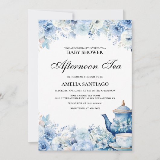 Stofblauwe Bloemige Afternoon Tea Baby Shower Kaart (Voorkant)