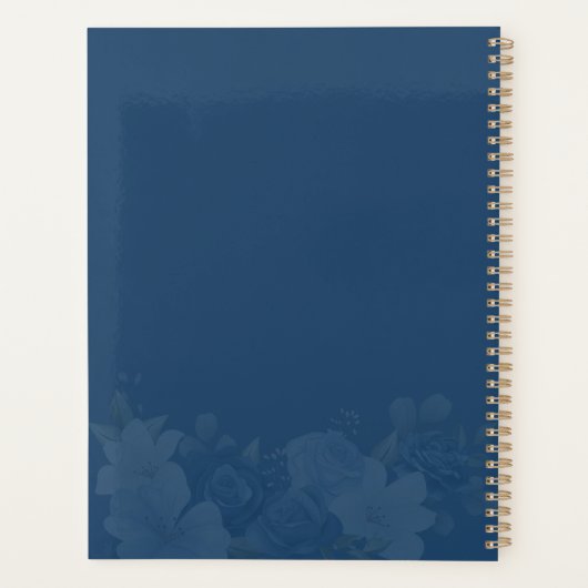 Stofblauwe bloemige botanische trouwdag planner (Achterkant)