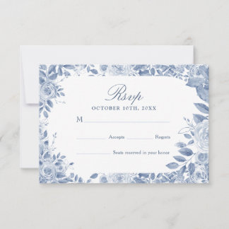 Stofblauwe Bloemige Trouw RSVP Kaart - Elegant Wat