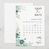 Stofblauwe bloemige trouw 'Save The Date' kaart (Voorkant / Achterkant)