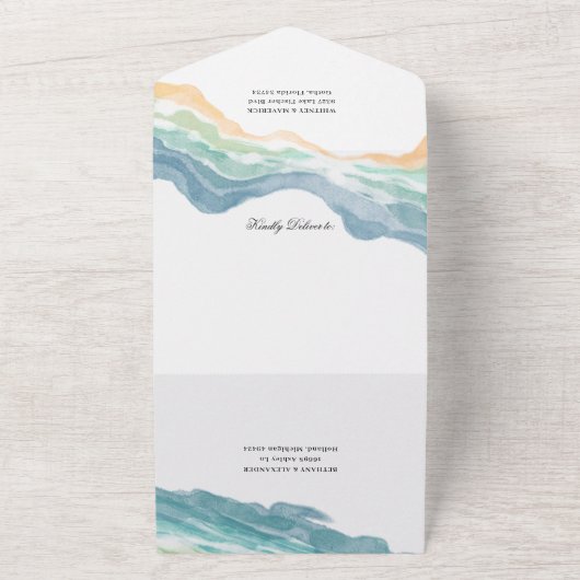 Stofblauwe bloemige trouw uitnodiging alles in één (Buitenkant)