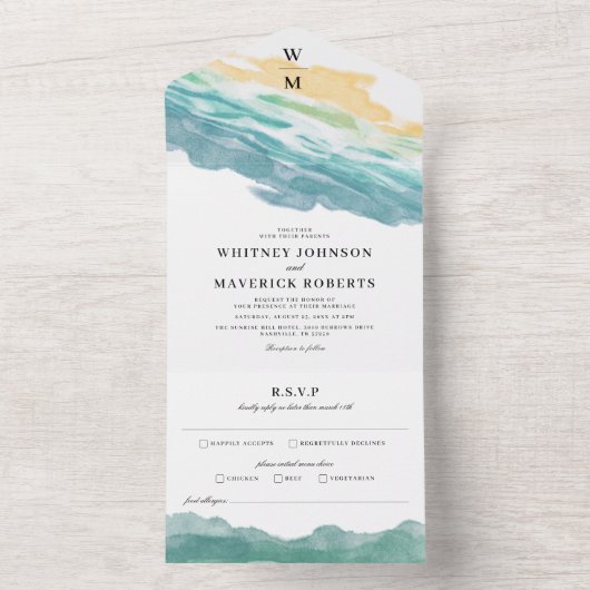 Stofblauwe bloemige trouw uitnodiging alles in één (Binnen)