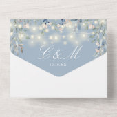 Stofblauwe bloemslinger snoerlichtjes bruiloft all in one uitnodiging (Achterkant)