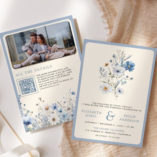 Stofblauwe Boho-wildbloem-fotocode QR-code bruilof Kaart