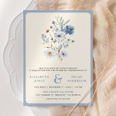 Stofblauwe Boho-wildbloem-fotocode QR-code bruilof Kaart