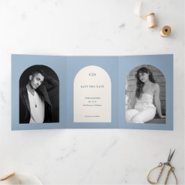 Stofblauwe Boog Foto Bruiloft Save the Date Drieluik Aankondiging