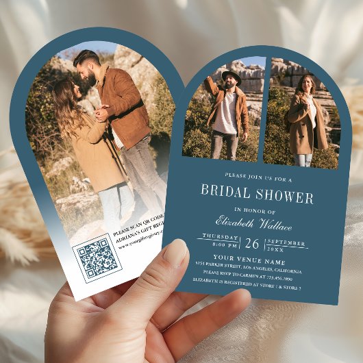 Stofblauwe Boog Foto QR Code Bruidsuitnodiging Kaart