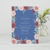 Stofblauwe botanische bloeiende bruiloft kaart (Staand voorkant)