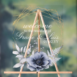 Stofblauwe botanische bloemen gouden trouw acryl bord