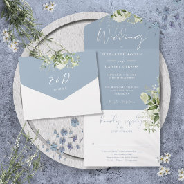 Stofblauwe botanische groene monogram bruiloft all in one uitnodiging
