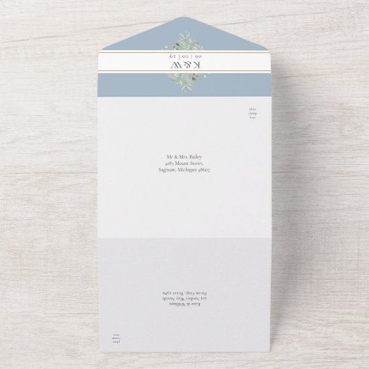 Stofblauwe botanische groene trouw all in one uitnodiging (Buitenkant)