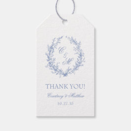 Stofblauwe botanische krans bruiloft bedankt cadeaulabel
