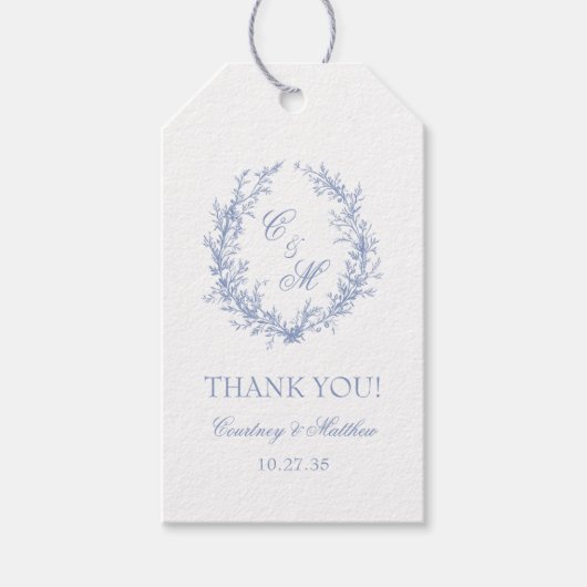 Stofblauwe botanische krans bruiloft bedankt cadeaulabel (Voorkant)
