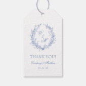 Stofblauwe botanische krans bruiloft bedankt cadeaulabel (Achterkant)