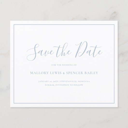 Stofblauwe Budget Bruiloft Save the Date Flyer (Voorkant)