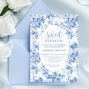 Stofblauwe Digitale Bloemen Sweet 16 Verjaardagska Kaart