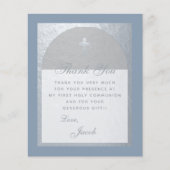 Stofblauwe Eerste Communie Budget Bedankkaart (Voorkant)