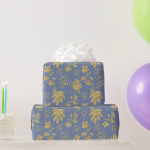 Stofblauwe en goudkleurige planten en bladeren cadeaupapier