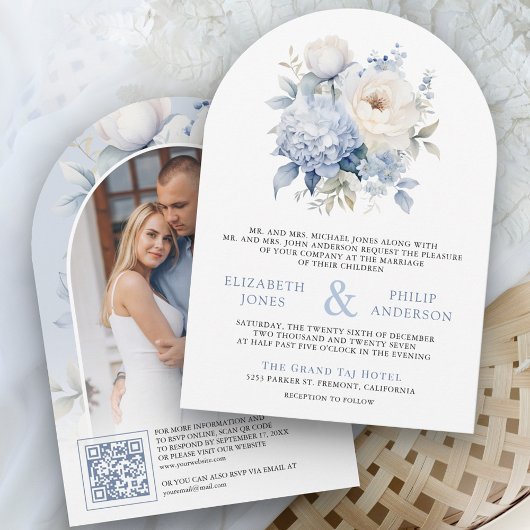 Stofblauwe en Witte Bloemencode met QR-code Trouwf Kaart