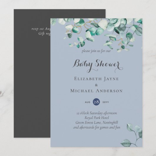 Stofblauwe Eucalyptus Groene BABY SHOWER Uitnodigi (Voorkant / Achterkant)
