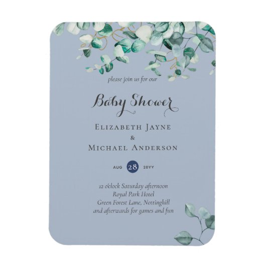 Stofblauwe Eucalyptus Groene BABY SHOWER Uitnodigi Magneet (Verticaal)