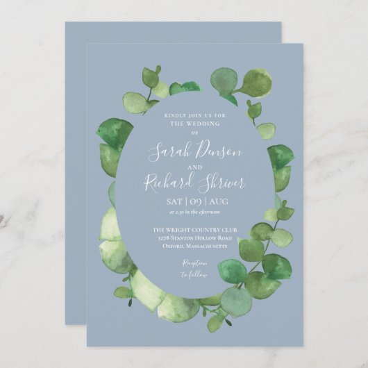 Stofblauwe Eucalyptus Groene Bloemen Bruiloft Kaart (Voorkant / Achterkant)