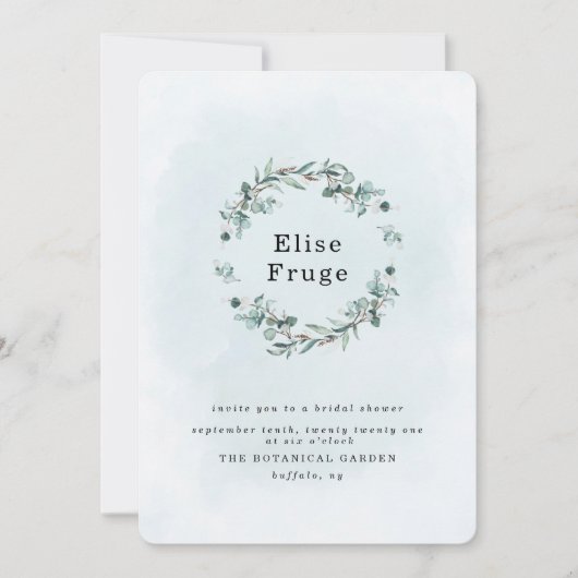 Stofblauwe Eucalyptus Groene Bruiloftsborrel Kaart (Voorkant)