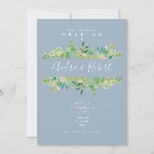 Stofblauwe Eucalyptus Groene Slinger Bruiloft Kaart (Voorkant)