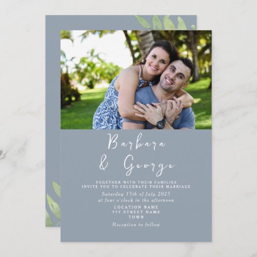 Stofblauwe Foto Trouwuitnodiging Kaart (Voorkant / Achterkant)