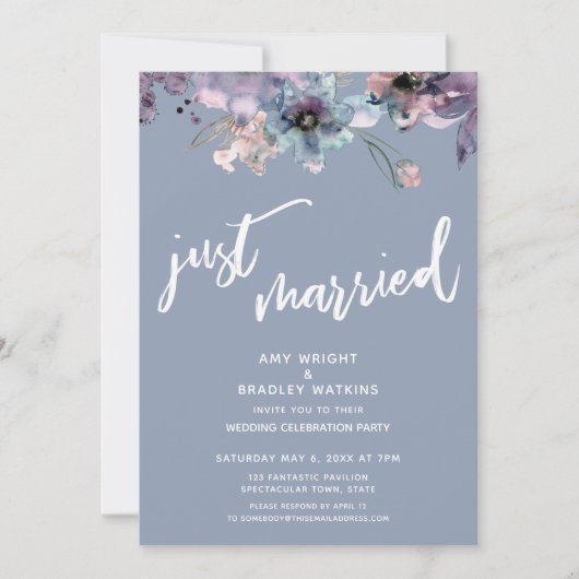 Stofblauwe geschilderde bloemige "Net getrouwd" re Kaart (Voorkant)