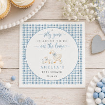 Stofblauwe Gingham Dwaas Ganzen Jongens Babyshower