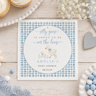 Stofblauwe Gingham Dwaas Ganzen Jongens Babyshower Servet
