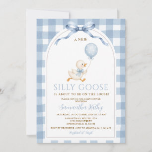 Stofblauwe Gingham Nieuwe Dwaze Gans Boog Baby Sho Kaart