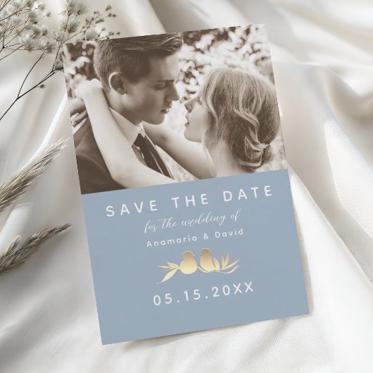 Stofblauwe Goud Liefdesvogels Foto Save The Date