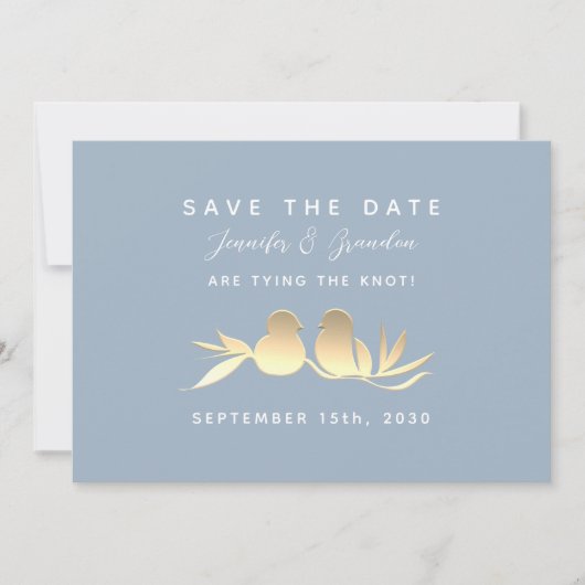 Stofblauwe Goud Liefdesvogels Save The Date (Voorkant)