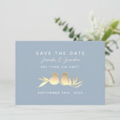 Stofblauwe Goud Liefdesvogels Save The Date (Staand voorkant)
