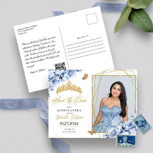 Stofblauwe & Gouden Tiara Quinceañera Fotokaart Briefkaart