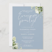 Stofblauwe groenbladerige fotobruiloft avondfeest kaart (Voorkant)