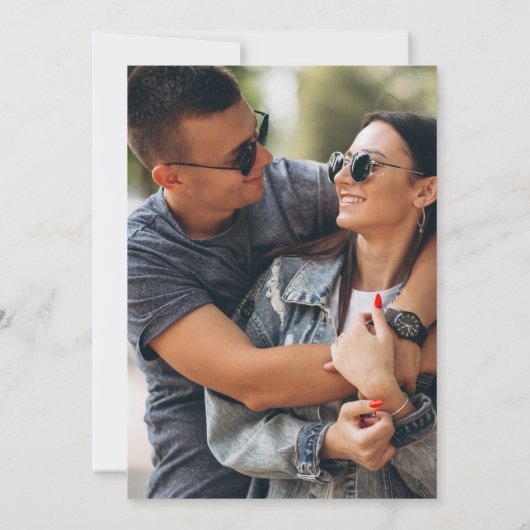 Stofblauwe groenbladerige fotobruiloft avondfeest kaart (Achterkant)