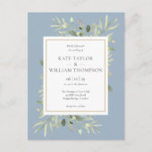 Stofblauwe groene bladeren trouwfoto uitnodiging briefkaart (Voorkant)