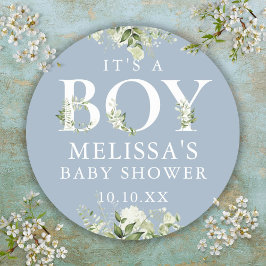 Stofblauwe Groene Bloemen Het Is Een Jongen Baby S Ronde Sticker