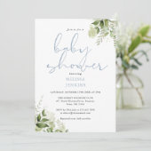 Stofblauwe groene bloemen jongens babyshower kaart (Staand voorkant)