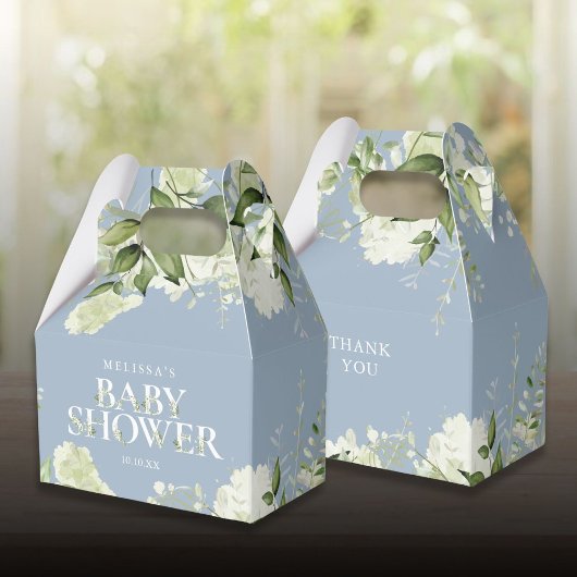 Stofblauwe groene botanische babyshower bedankdoosjes
