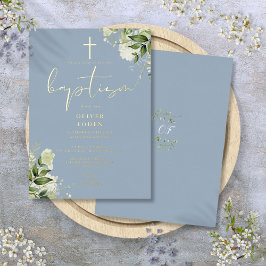 Stofblauwe groene monogram doop goud folie uitnodiging