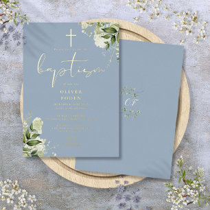 Stofblauwe groene monogram doop goud folie uitnodiging