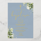 Stofblauwe groene monogram doop goud folie uitnodiging (Voorkant)