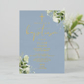 Stofblauwe groene monogram doop goud folie uitnodiging (Staand Voorkant)