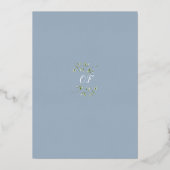 Stofblauwe groene monogram doop goud folie uitnodiging (Achterkant)
